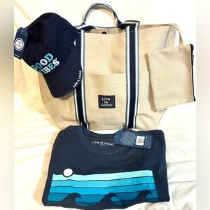 NEW..LIFE IS GOOD brand  4 PIECE SET. Shirt, BUNDLE Hat, Tote and small bag!